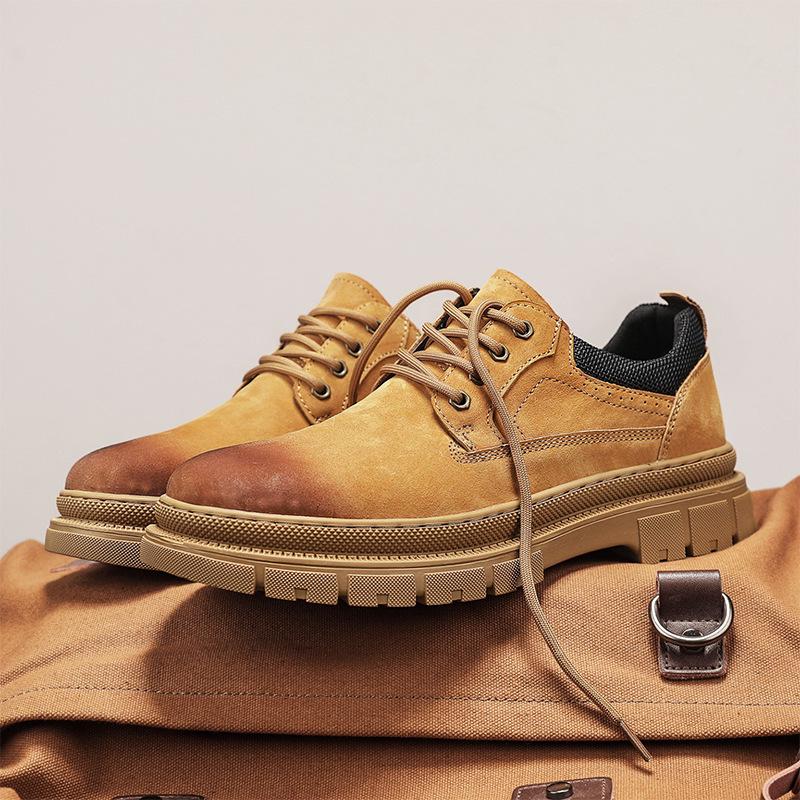 Men's Genuine Leather Outdoor Short Boots, Warm Plus Velvet, Autumn Winter Workwear, Yellow Martin Design.