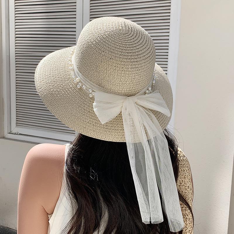 Summer lace bow pearl large brim sun protection breathable sun hat women