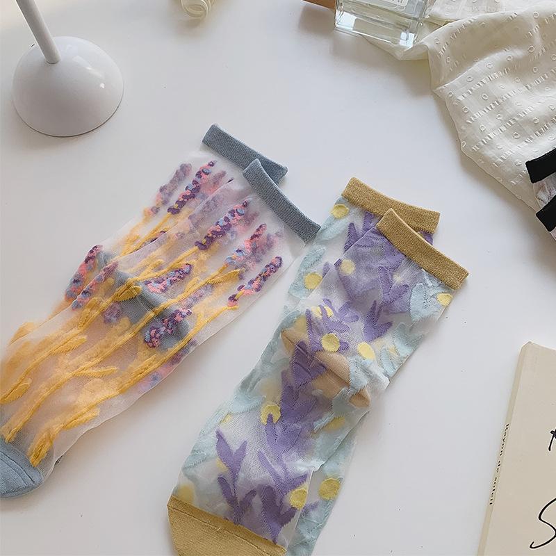 Spring/Summer Ultra Thin Vintage Crystal Silk Stockings for Women Socks for Women Mid-tube Stockings Breathable Cotton Sole Glass Silk Stockings