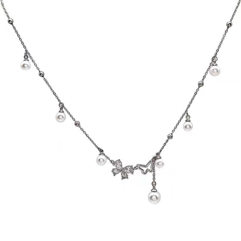Hollow Butterfly Fringed Necklace Light Luxury Niche Design Pearl Clavicle Chain Temperament Titanium Steel Neck Chain