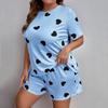 2 Pcs/Set Women Summer Pajamas Cartoon Heart Print Round Neck Short Sleeve T-shirt Elastic Waist Shorts