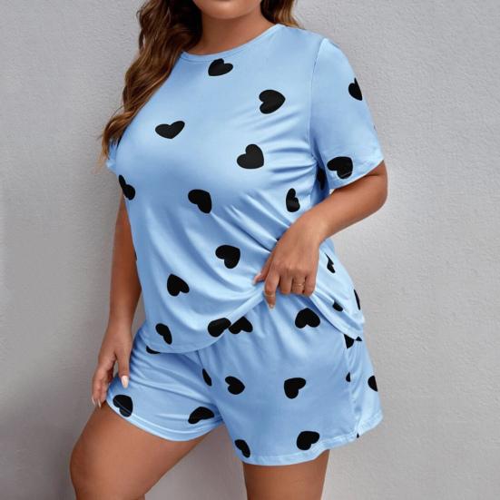2 Pcs/Set Women Summer Pajamas Cartoon Heart Print Round Neck Short Sleeve T-shirt Elastic Waist Shorts