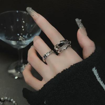 Black Zircon Geometric S925 Silver Open Ring - Hip Hop Style for Women
