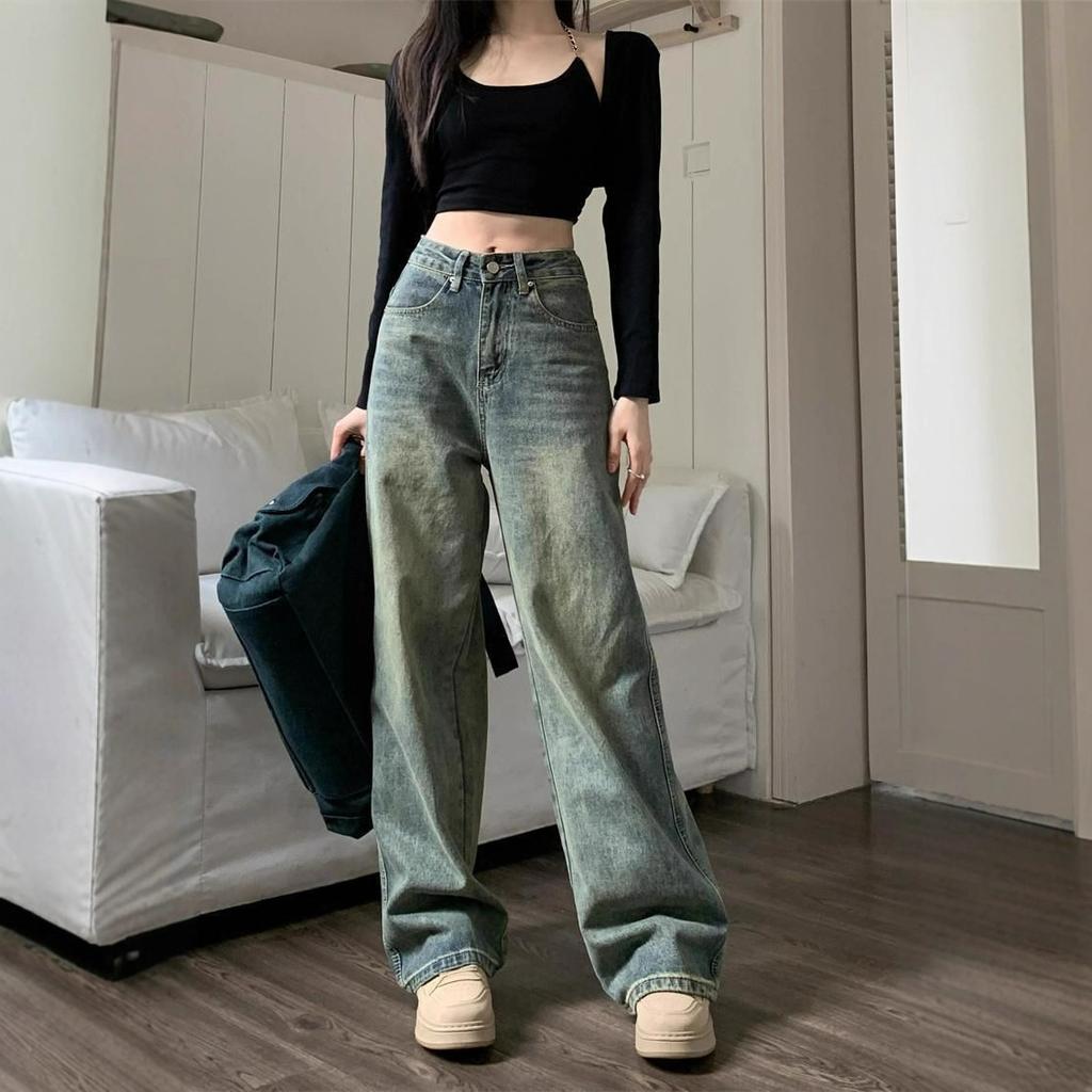 Nostalgia Straight Jeans Women Spring and Autumn Outside Wear Pear-shaped Casual Retro Loose Drag Ground Wide Leg Trousers Long Denim Pants