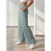 Women's Black White Checkerboard Print Wide Leg Pants Elastic Waist Casual Trousers with Side Pockets for Comfortable Wear
