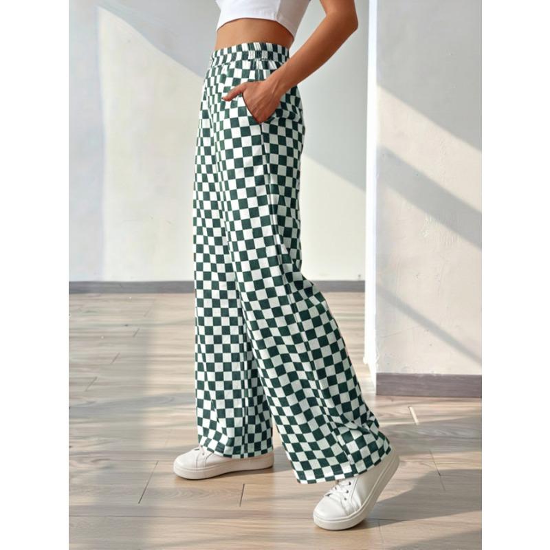 Women's Black White Checkerboard Print Wide Leg Pants Elastic Waist Casual Trousers with Side Pockets for Comfortable Wear