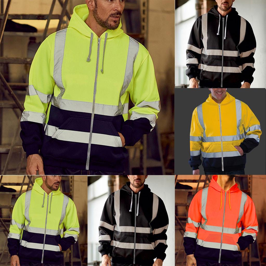 Mens Road Work High VisibilityPullover Long Sleeve Hooded Sweatshirt Tops Blouse