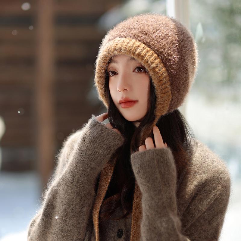 Autumn and Winter Hats for Women Windproof and Warmth Thickened Knitted Wool Hats Fashionable and Versatile Casual Big Head Ear Protection Hat