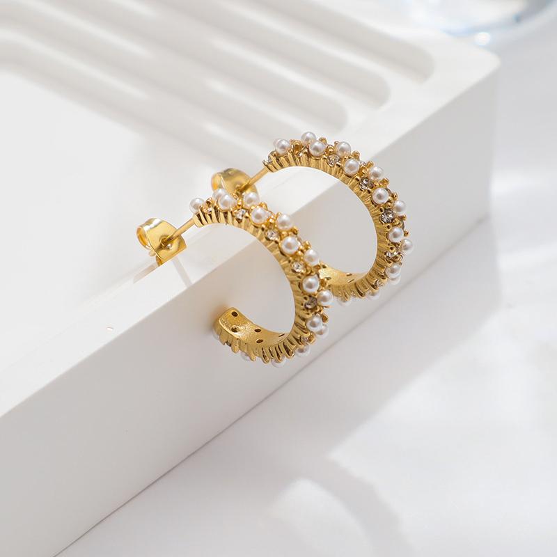 

Серьги-пусеты из нержавеющей стали 316L C-образной формы с цирконом и жемчугом Foxanry Модные Элегантные Предотвращают Аллергию Ювелирные Изделия Подарки на День Рождения EL0103 золотой