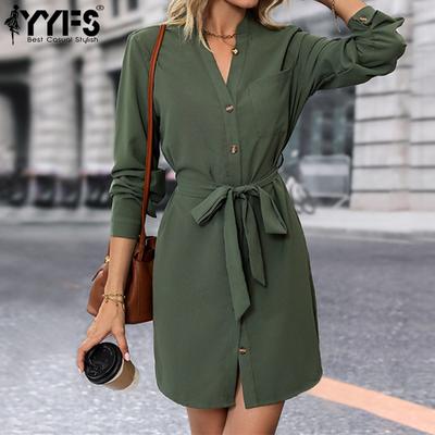 Abiti casual con scollo a V a maniche lunghe con stampa tinta unita primavera estate moda donna