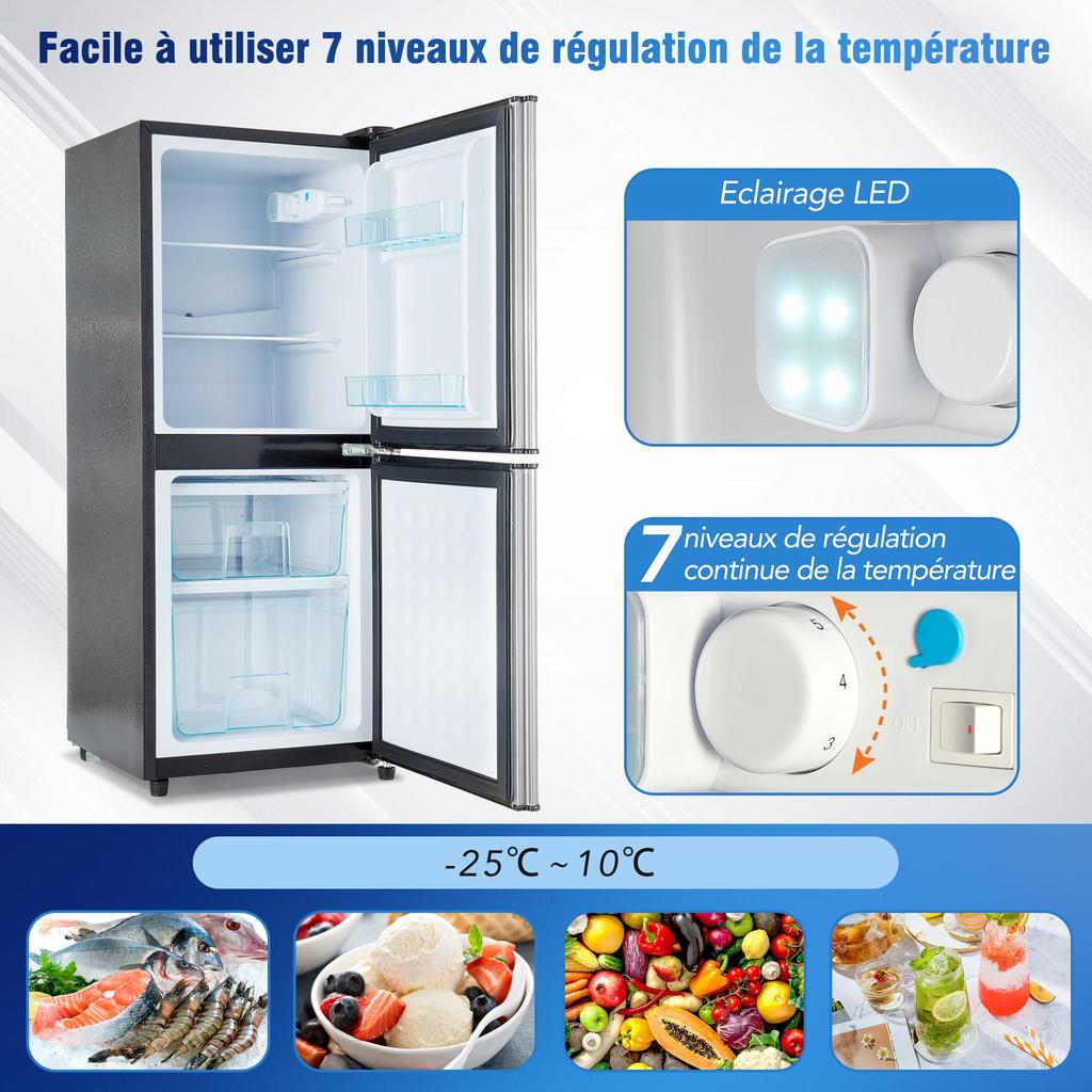 106L Energy-Saving Mini Fridge LED, 60L Refrigerator + 46L Freezer, 7 Temperature Settings, Adjustable Shelves, 166 Kwh/Year, 45db