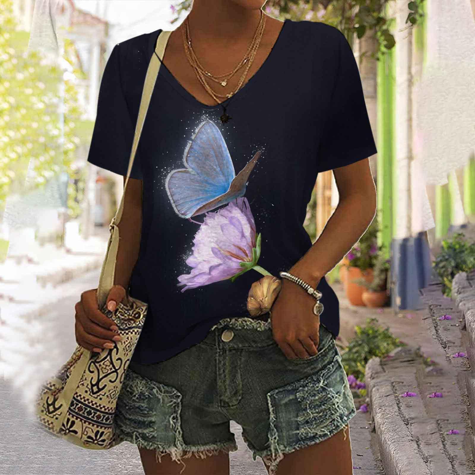 Женская футболка с V-образным вырезом и цифровым принтом в виде бабочки в стиле ретро — фото 5