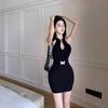 Sexy Street Style Hollow out Shoulder Mini Black Dress Short Crop Top Vest Dress Bodycon Slimming Wrap around Skirt Dress