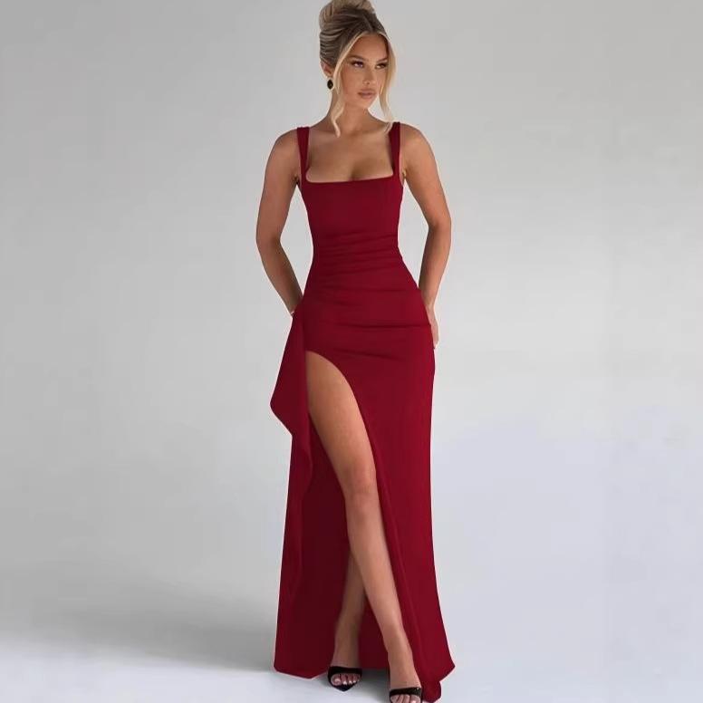Abito da sera da donna stile INS europeo e americano, abito lungo, moda estiva, sexy, con spalline, schiena scoperta, spacco alto