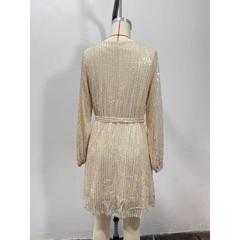 Women Sequins Round Neck Long Sleeve Casual Commute Bodycon Mini Dress