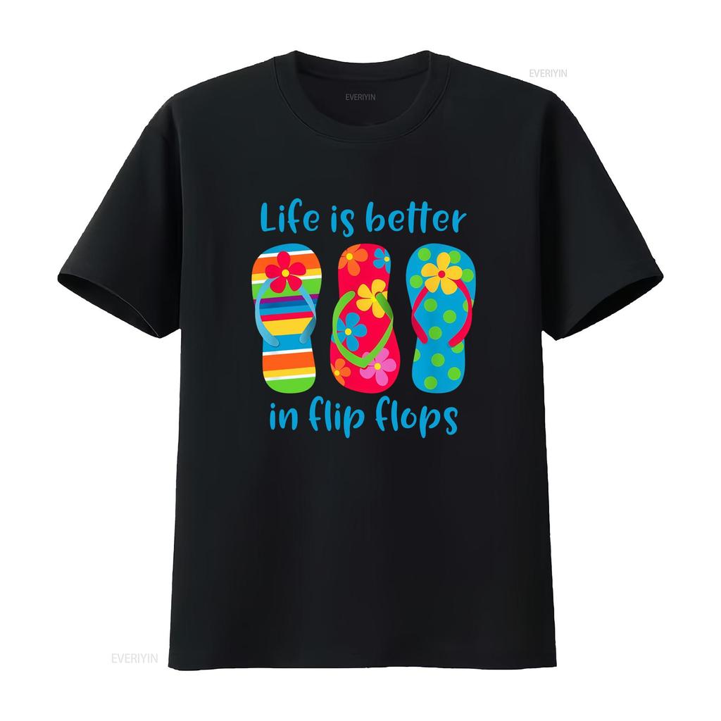 Funny Cartoon Summer Beach Flip Flops Life Is Better Slogan Print Casual T Shirt vintage Washed Top For Everyday Wear