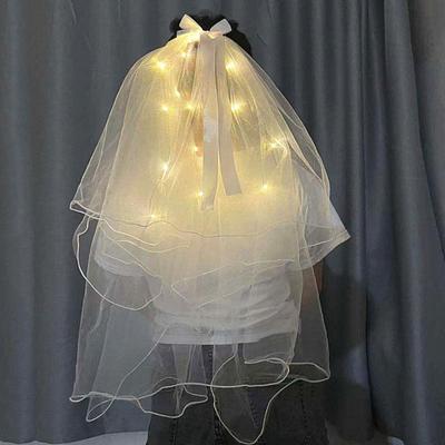 Bridal Headdress Imitation Pearls White Two Layers Ribbon Bow Fairy Style Headwear Colorful Glowing Veils Wedding Party Hair Accessories