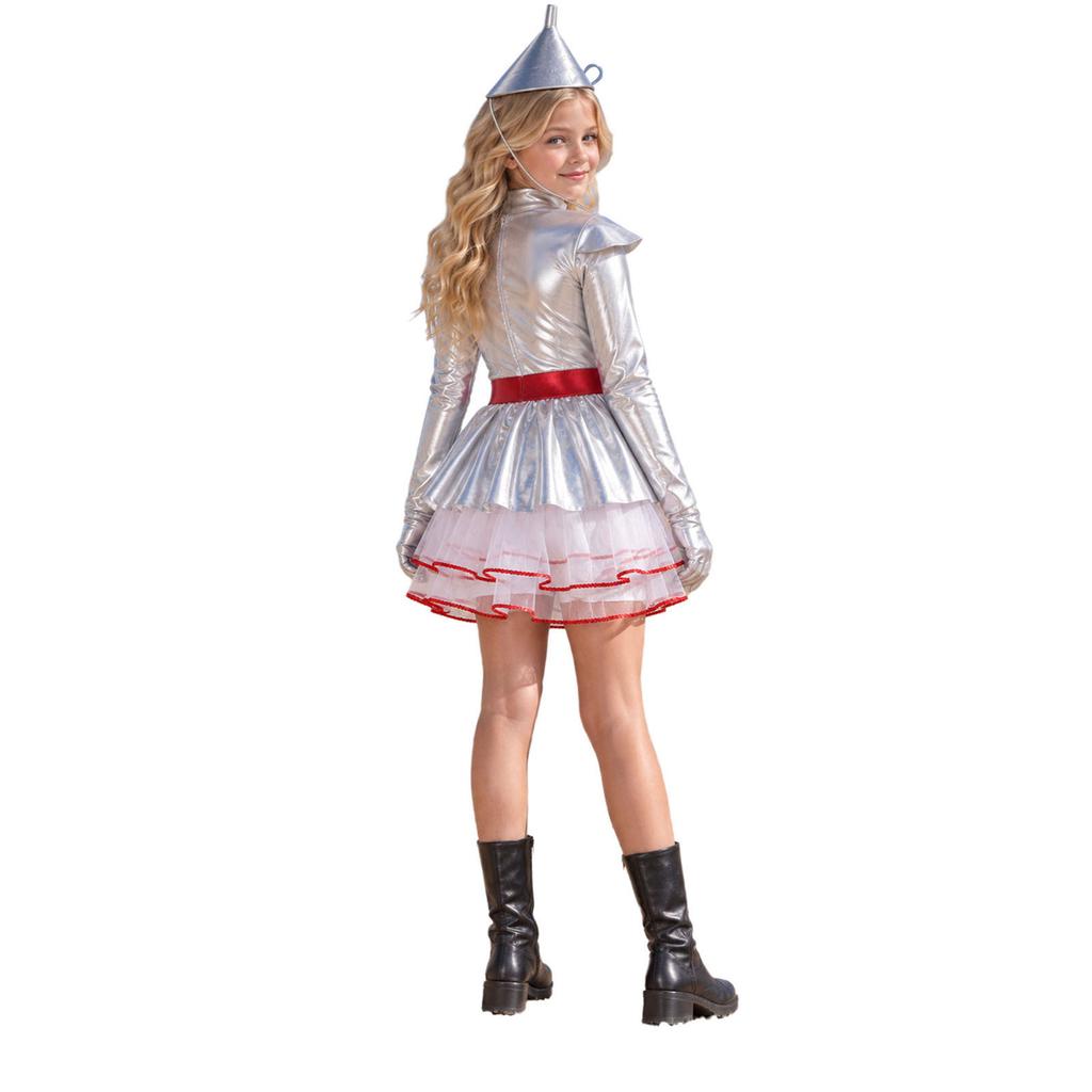 Kids Girls Halloween Tin Costume Mock Neck Long Sleeve Back Invisible Zipper Metallic Tulle Tutu Dress with Hat Axe Gloves for Role Play Theme Party
