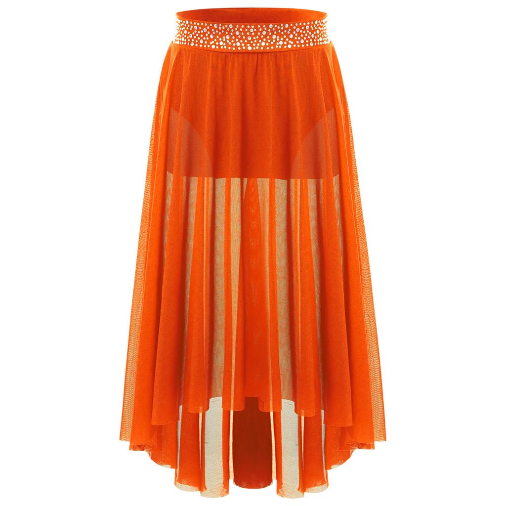 Girls Lyrical Contemporary Modern Dance Skirts Shiny Rhinestones Waistband Side Slit High Low Irregular Mesh Skirt Performance Costume