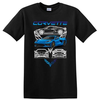 Corvette C8 Blau Sportwagen Grafik T-Shirt für Auto Liebhaber und Fans Tee