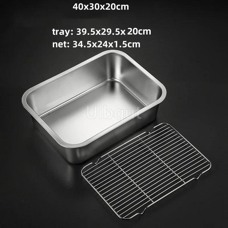 Deep Square Plate Basin with Rack Pallet Stainless Steel Bbq Fast Food Plate with Grid Mesh Dessert Dinner Set Restaurant Trays