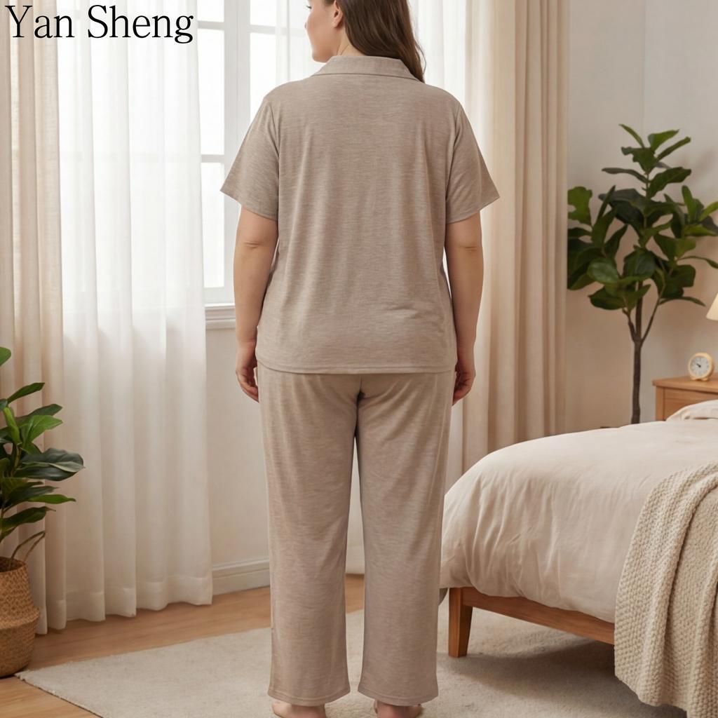 Women Pajama Set Plus Size Cardigan 2‑Piece Loungewear With Built‑In Bra Pad Elegant Soft Sleepwear For Summer Indoor Daily Wear