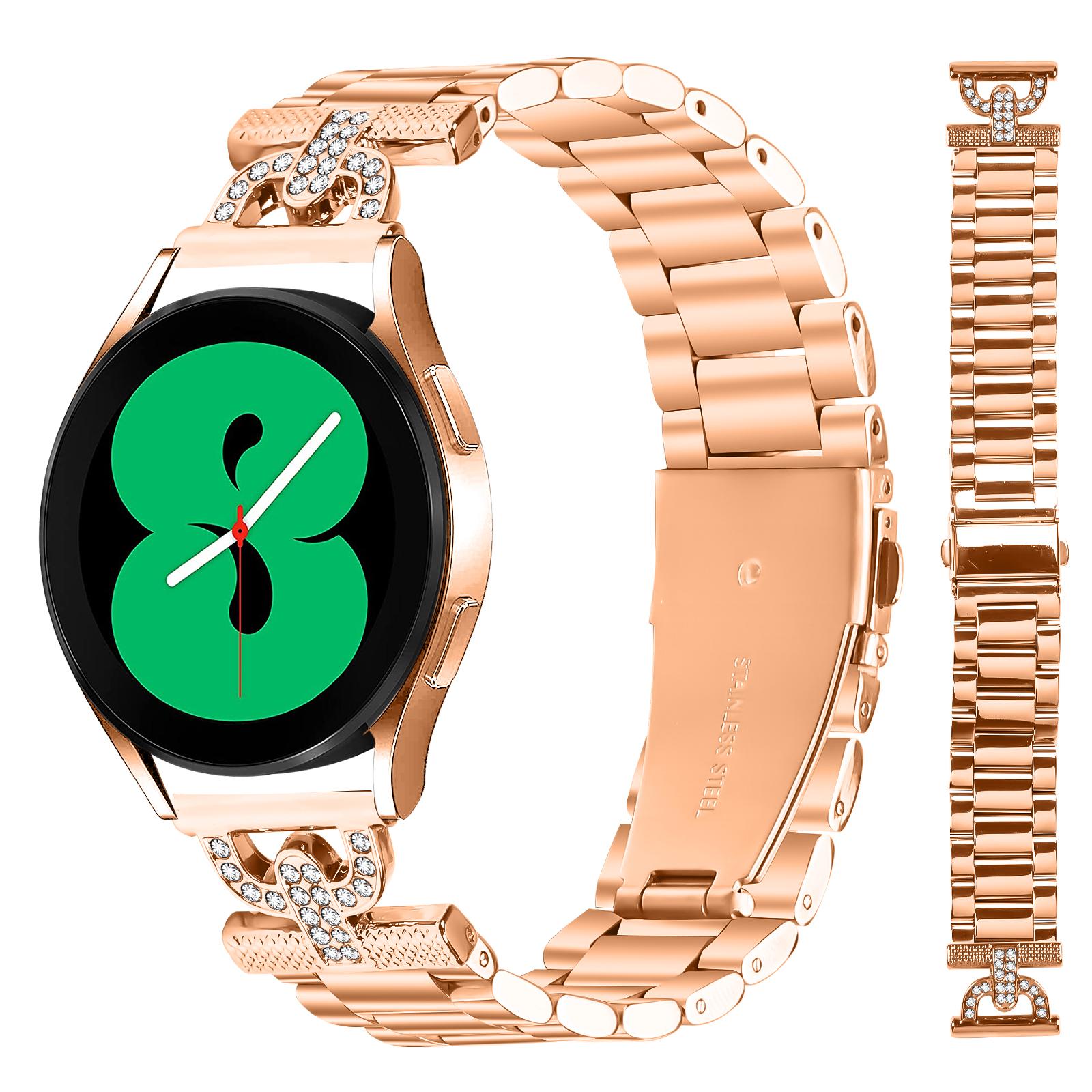 

Colored Watch Strap for Samsung Galaxy Watch4 40mm/44mm D-Shape Rhinestones Decor 3-Bead Metal Band Rose Gold
