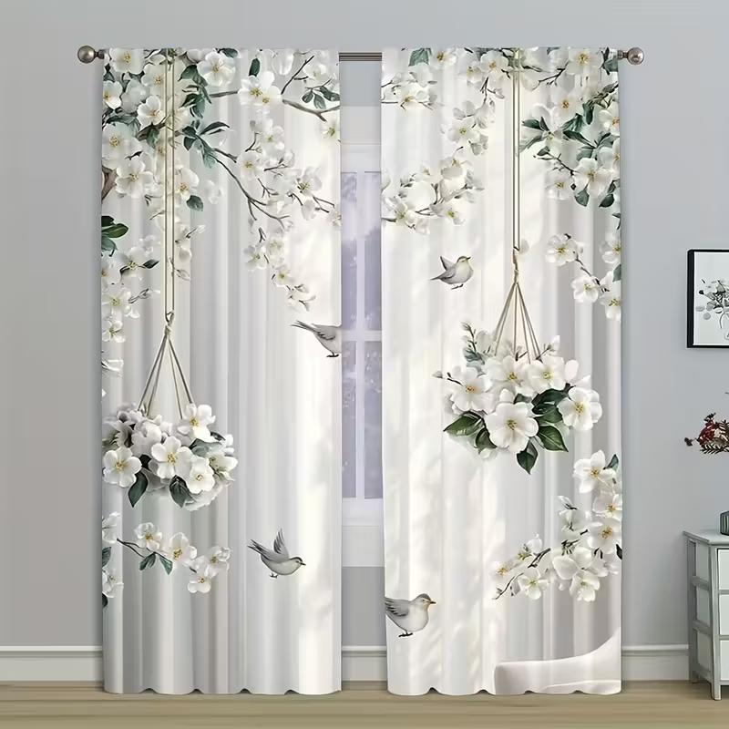 

2PC White Floral Bird Hanging Basket Sheer Curtains - Serene Garden-Themed Print Window Drapes for Living Room Bedroom Decor 24x59in(60x150CM)x2&Rod Pocket