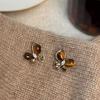 Elegant Butterfly Stud Earrings with Silver Needle, Cubic Zirconia, and Imitation Tiger Eye - Retro, Versatile, High-End Melanin Ear Jewelry