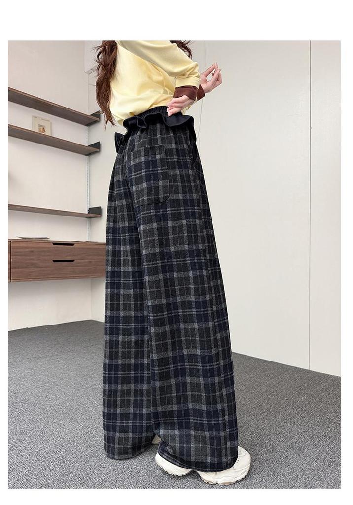 Girls' Plaid Wide-Leg Trousers with Lace Waist - Autumn 2026 Collection for Medium and Large Children.