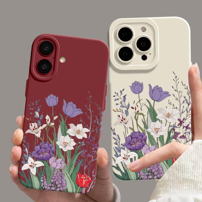 Purple Floral Pattern Phone Case For iPhone 16 16E 15 14 13 12 11 Pro Max XR X XS 12 Mini 16E 7 8 Plus Silicone Cover