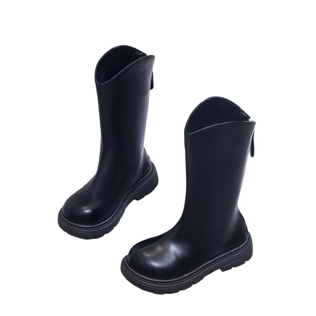 Kids Casual Mid-Calf Leather Boots with Round Toe and Back Zipper