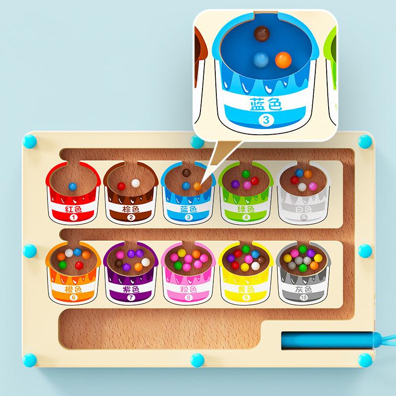 Montessori Magnetic Color Sorting Games Maze Board Pen Moving Bead Games Wooden Control Sensory Play Educational Toys for Kids