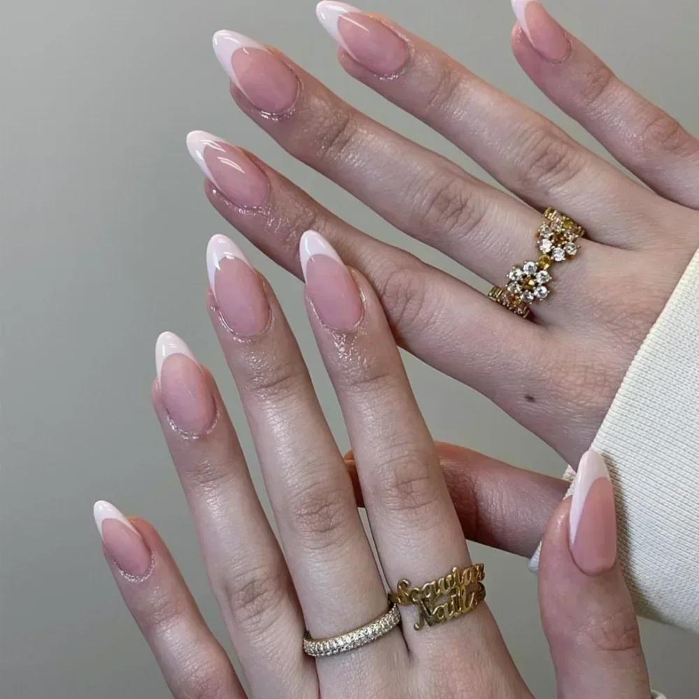 24Pcs French Almond False Nails Pink Stiletto Press On Nails With White Edge Design And Glue Simple Wearable Nail Tips