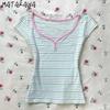 Matakawa Y2k Stripes T Shirt for Women V Neck Versatile Color Blocking Vintage T-shirts Spring Summer Sexy Basics Ropa De Mujer