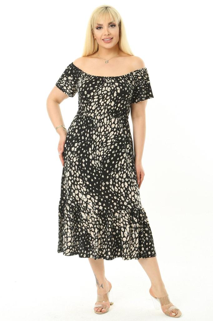 ქალის დიდი ზომის კაბა მადონას დეკოლტეს სამაგრი კენჭის ნიმუშის კაბა