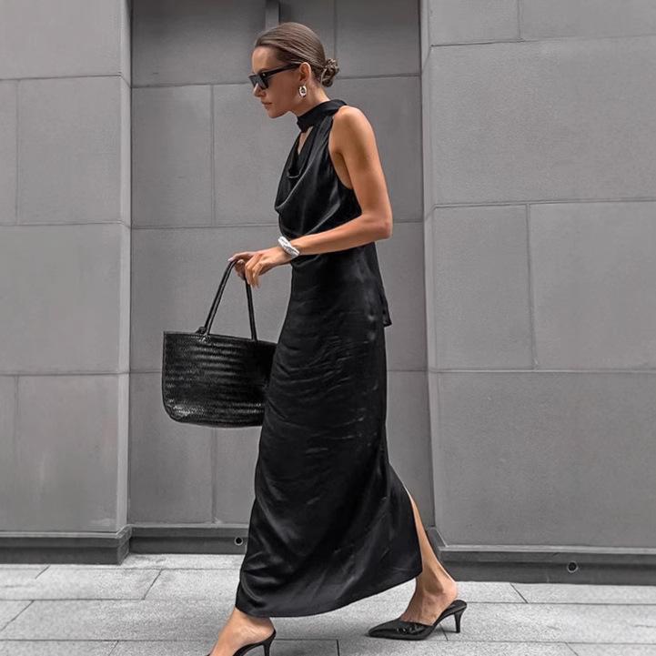 European and American Light Commuter Black Neck Swing Collar Dress Women's Autumn Temperament Satin Waist Hip Skirt Women's Clothing