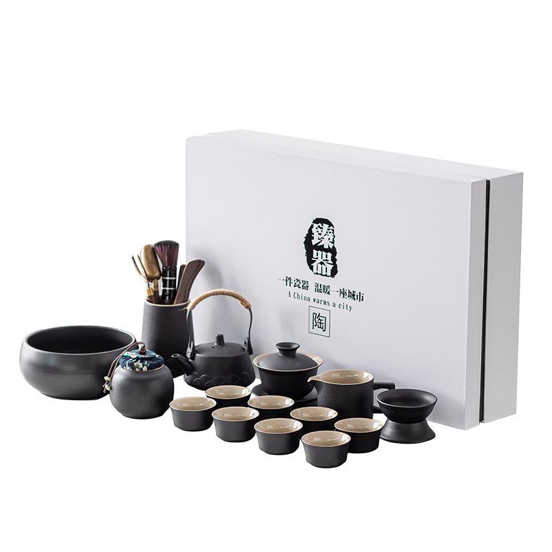 High-end Black Pottery Kung Fu Tea Set, Household Living Room Simple Ceramic Dry Tea Tray, Light Luxury Modern Large Set of Gift Boxes