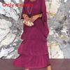 Polyester Chiffon Batwing Sleeve Long Dress With Ruffle And Loose Waist For Spring Fashion