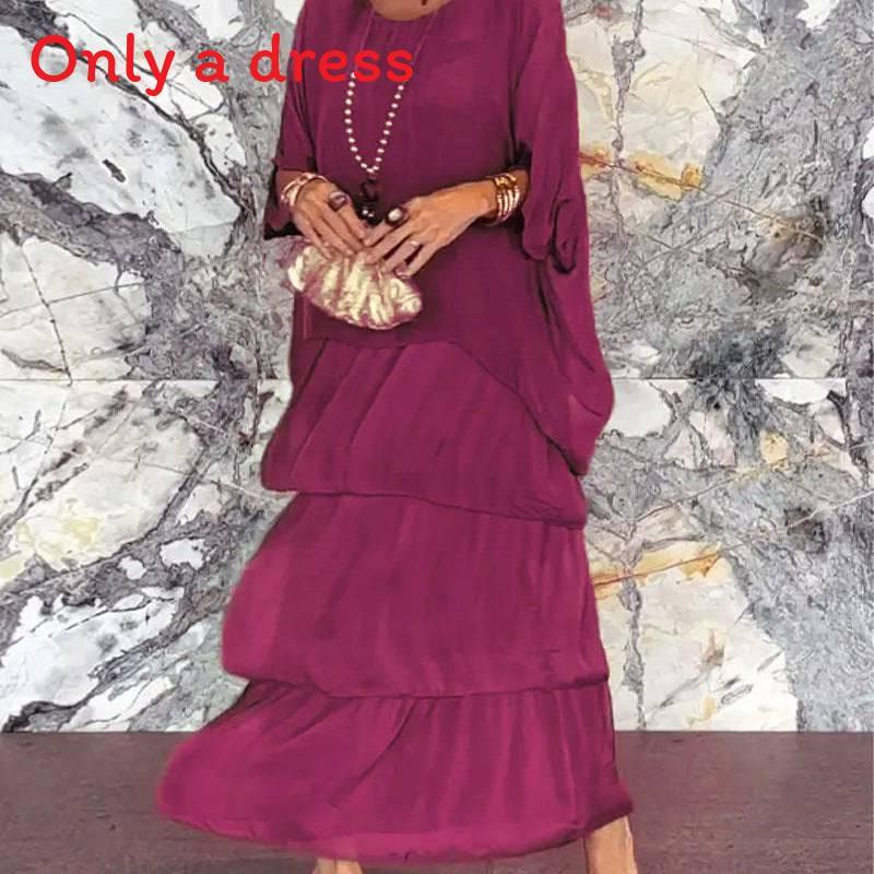 Polyester Chiffon Batwing Sleeve Long Dress With Ruffle And Loose Waist For Spring Fashion