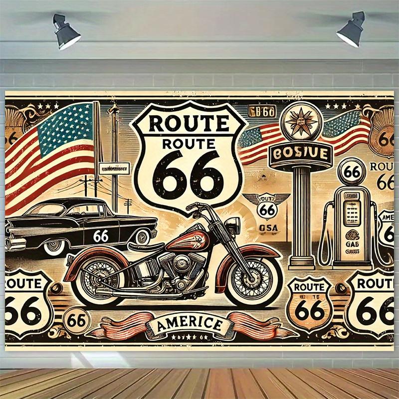 1pc Retro Route 66 Motorcycle Polyester Background Fabric - Retro American design, suitable for party decoration