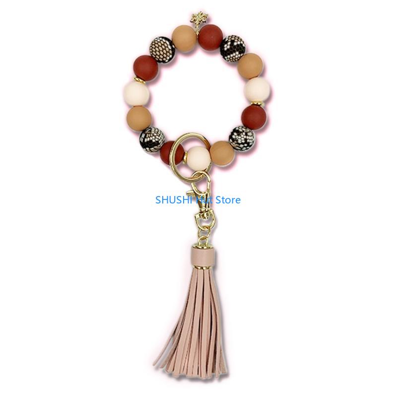 

for Key Ring Bracelet Car Keychain Holder for Women Silicone Beaded Bangle Wrist D57B