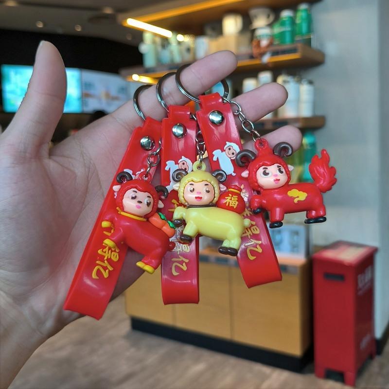 Soft Wrist Lanyard Cartoon Red Sheep Keychain 3D Fluffy Doll Pendant Comfortable Key Holder for Daily Bag Accessory