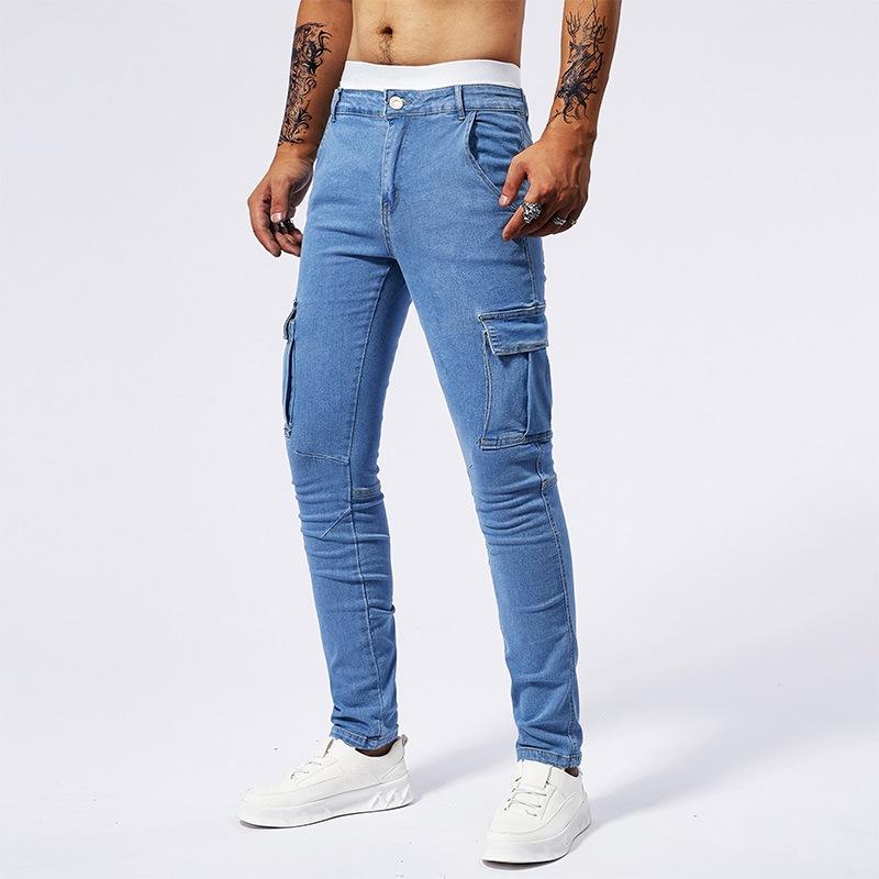 Thin Pants with Ties and Trousers with Multiple Pockets and Versatile Denim Trousers Workwear