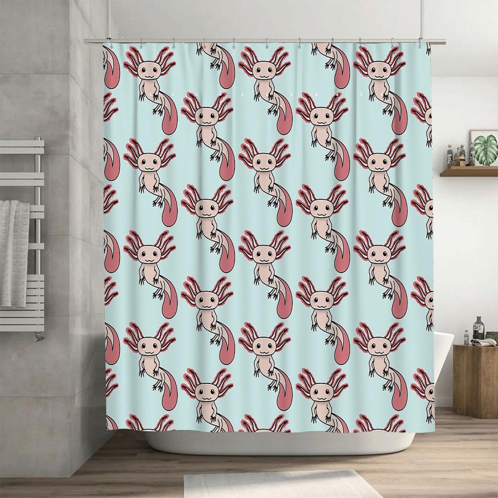 Cute Axolotl Shower Curtain Waterproof Funny Salamander Bath Decor Set Japanese Anime Bathroom Fabric Backdrop