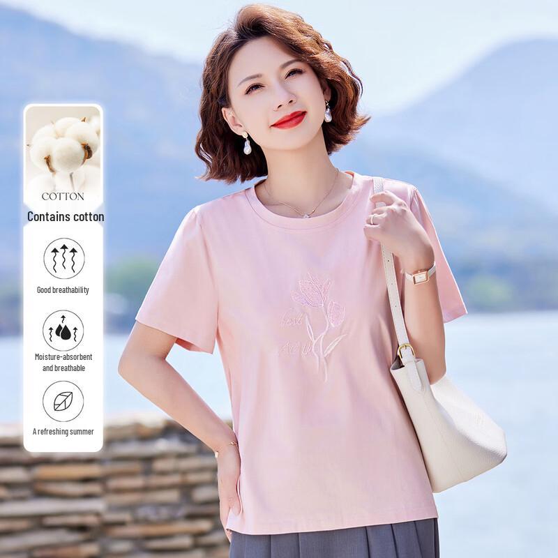 

Pastel Embroidered Cotton Short Sleeve T-Shirt for Mid-Aged Women 4XL