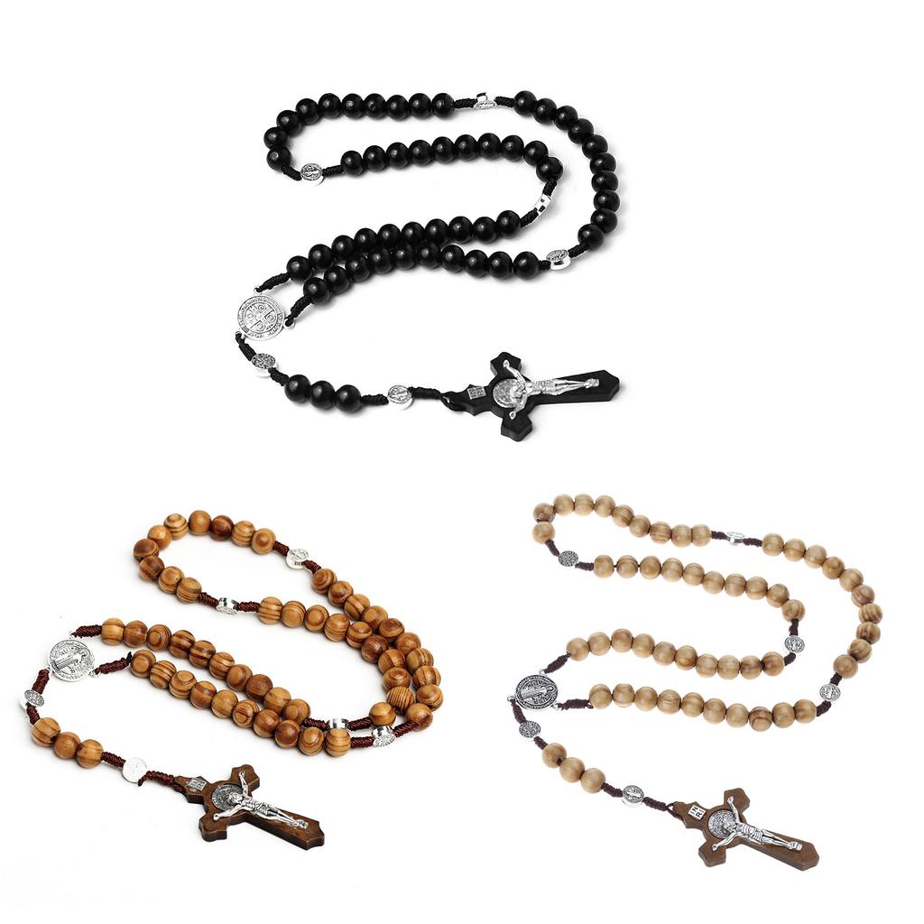Wood Bead Cross Rosary Necklace Bead Chain Pendant Ornaments for Home Church Yoga Room Decorations Gift