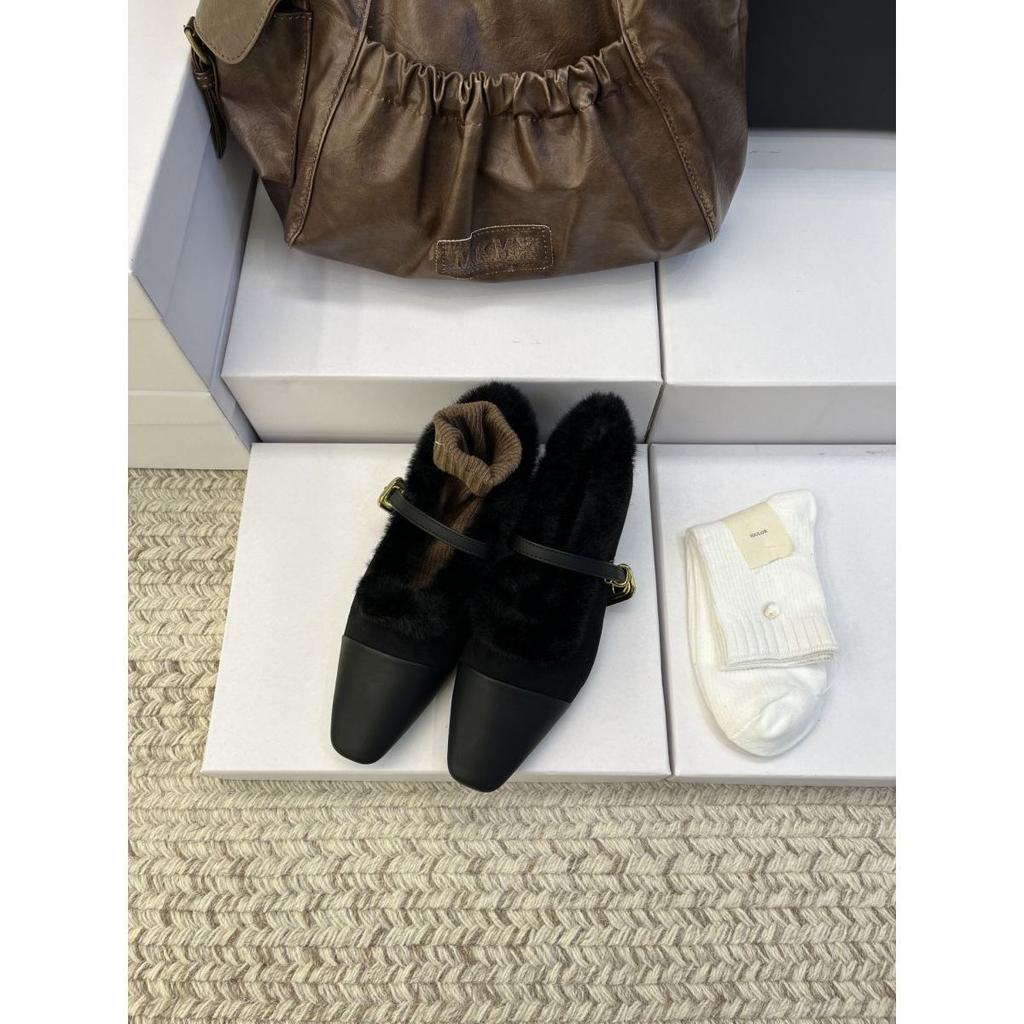 French Thick Heel Plush Shoes Mary Jane Single Shoes Women's Evening Shoes 2025 New Autumn and Winter Warm Cotton Shoes