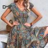 Letnia sukienka maxi z głębokim dekoltem V, krótkim rękawem, w stylu bohemy, z kolorowym nadrukiem, elastyczną wysoką talią, falbankowym szwem na dole, w kształcie litery A, sukienka plażowa