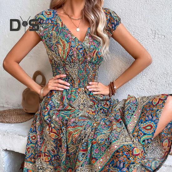 Letnia sukienka maxi z głębokim dekoltem V, krótkim rękawem, w stylu bohemy, z kolorowym nadrukiem, elastyczną wysoką talią, falbankowym szwem na dole, w kształcie litery A, sukienka plażowa